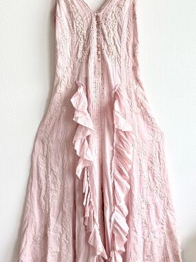 Embroidered Soft Pink Cotton Lace Maxi Dress Small Ruffle Corset Peace Angel NWT